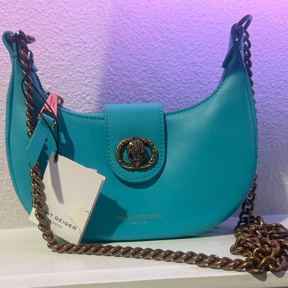 New Kurt Geiger London Turquoise Leather Chain Shoulder crossbody Bag top zipper